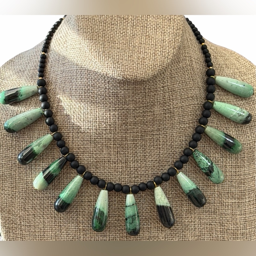 Transvaal Grossular Garnet with Matte Black Onyx accent beads•Gold Hook Clasp•